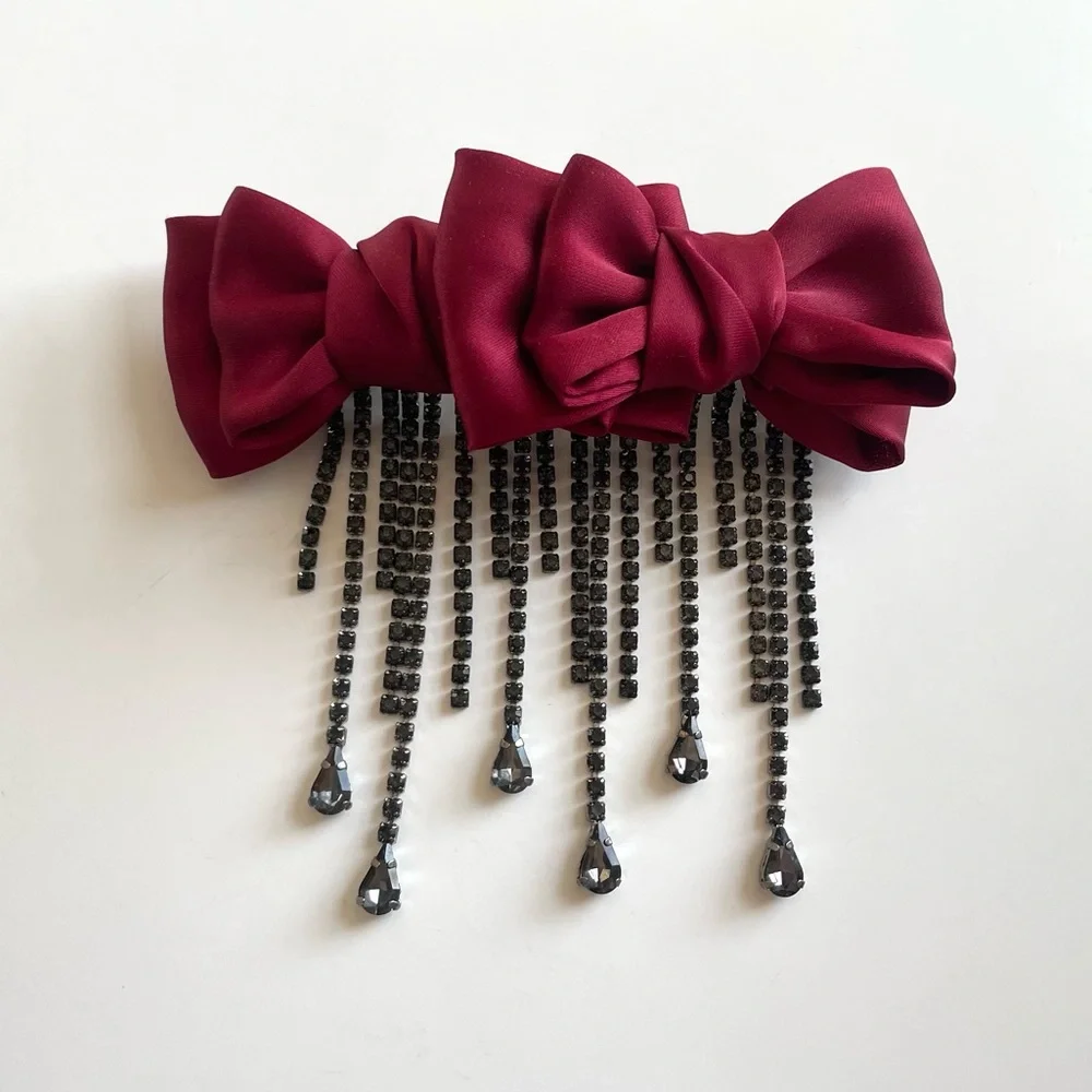 Free People NWOT Red Bow Black Rhinestone Dangle Charm Hair Clip Barrette
